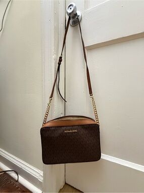 Authentic Michael Kors Dark Brown Logo Crossbody with Gold Chain Strap